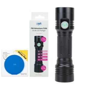 PNI Adventure F200 aluminum double flashlight package with LED, 4000mAh battery and Sticky Pad Blue included