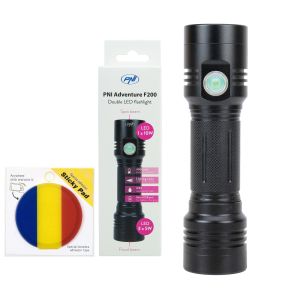 PNI Adventure F200 aluminum double flashlight package with LED, 4000mAh battery and Sticky Pad Flag included