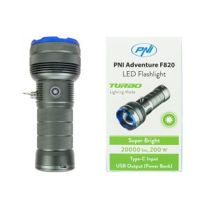 Flashlight PNI Adventure F820 200 W, 3 lighting levels plus Turbo, 20000 lumens, up to 350 m, 2600 mAh battery, I