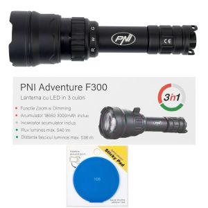 PNI Adventure F300 Flashlight Package with 3-color LED, white, red, green, max. 10W, IPX6 with Blue sticky Pad included