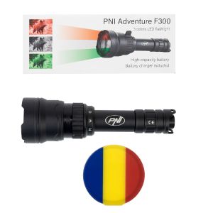 PNI Adventure F300 LED Flashlight Package in 3 colors, white, red, green, max. 10W, IPX6 + Sticky Pad Flag