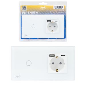 PNI SH115W simple glass switch with touch, combined with Shuko socket and USB plugs