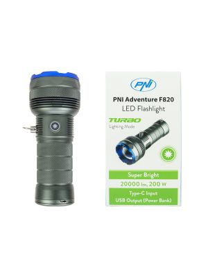 Flashlight PNI Adventure F820 200 W, 3 lighting levels plus Turbo, 20000 lumens, up to 350 m, 2600 mAh battery, I