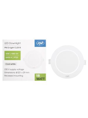 PNI D-Light CL2518 18W LED spot, recessed, round, 220.7*28.9mm, 6400K, 230V power supply, 1980 lm, white