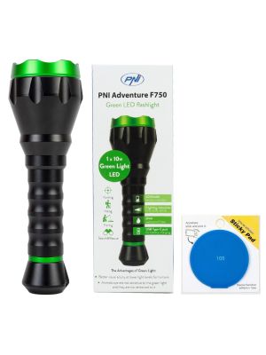 PNI Adventure F750 Green Light Aluminum Flashlight Package with Blue Sticky Pad included