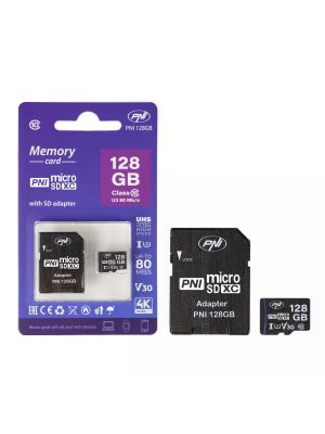 MicroSD PNI 128GB memory card with SD adapter, Class 10, 80 Mb/s, V30