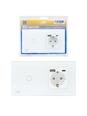 PNI SH115W simple glass switch with touch, combined with Shuko socket and USB plugs
