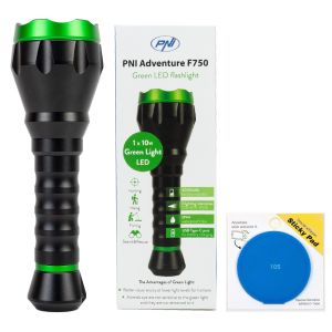 PNI Adventure F750 Green Light Aluminum Flashlight Package with Blue Sticky Pad included