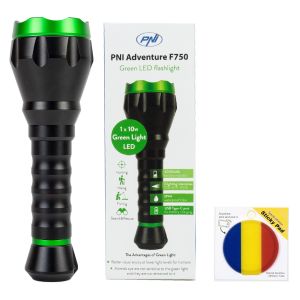 PNI Adventure F750 Green Light Aluminum Flashlight Package with Sticky Pad Flag included