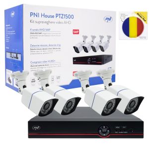 PNI House PTZ1500 5MP DVR Video Surveillance Kit - 4 Cameras and Sticky Pad Flag Package